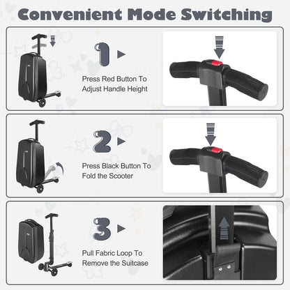 iubest Scooter Luggage Carry On Scooter Suitcase for Kids Age 4-15, Detachable & Foldable 4 in 1 Kids Suitcase, Multifunctional Ride On Travel Trolley Scooter Combo-Black