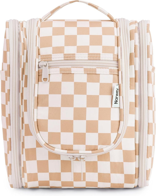 Narwey Small Checkered Hanging Travel Toiletry Bag for Women, Travel Bag for Toiletries, Makeup Bag Organizer Cosmetic Bags Make Up Bags for Women (Light Checkerboard)