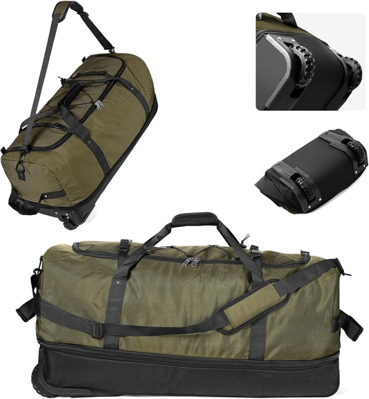 CONTAIL 32" Soft-Sided Rolling Duffle Bag with 2 Wheels,Expandable from 110L to 140L, Foldable Travel Duffel with Multiple Compartments,Army Green