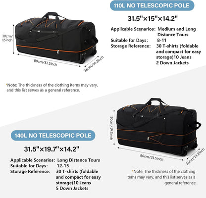 Rolling Duffle Bag with Wheels,110L/140L Expandable Soft-Sided Foldable Duffle Bag with 2 Rubber Wheels,Packable 32” Rolling Carry-On with Multi-Pockets & Compartments (Black Orange)