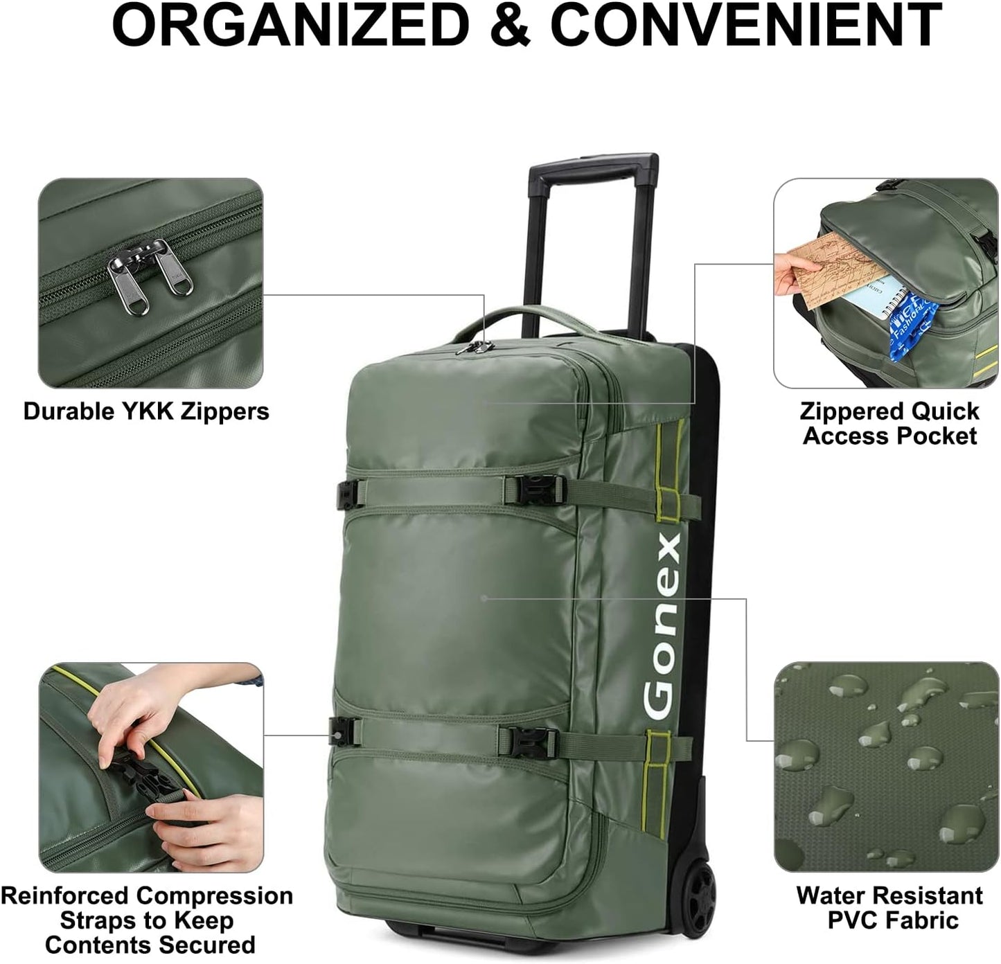 Gonex Rolling Duffle Bag with Wheels, 70L Water Repellent Wheeled Travel Duffel Luggage with Rollers 25 inch, Olive Green