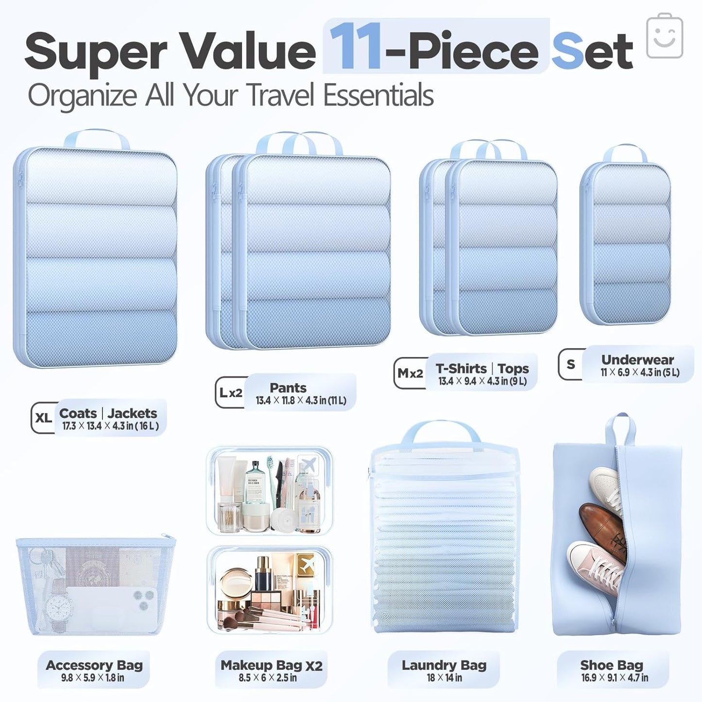Veken 11 Set Compression Packing Cubes for Travel Essentials,Compressible Expandable Large Luggage Suitcase Organizer Bags for Clothing,Durable Space Saver Storage Bags with Toiletry Bags(Light Blue)