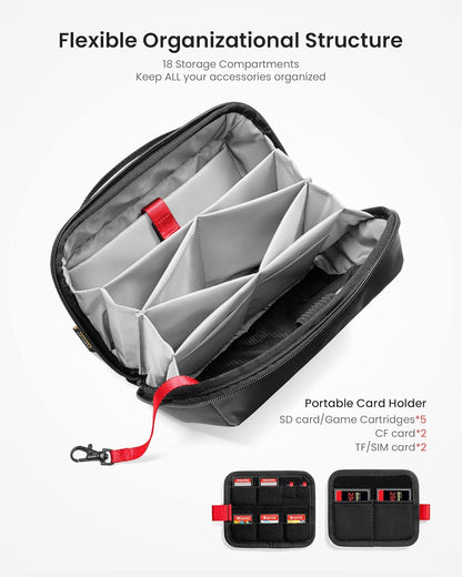 tomtoc Electronic Organizer Accessory Pouch for MacBook Charger, Cables, Power Bank, Hard Drive, Cords, Water-resistant Storage Bag with Removable Card Slots for USB Adapter, Memory Card, Black