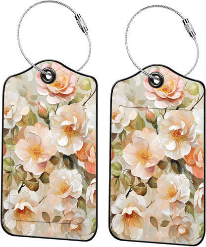 Luggage Tags for Suitcases, 2-Pack PU Leather for Cruise & Travel, Baggage ID Tags with Privacy Cover & Address Card, Durable Metal Ring, Kids Adults Travel Accessories, Soft Hued Roses