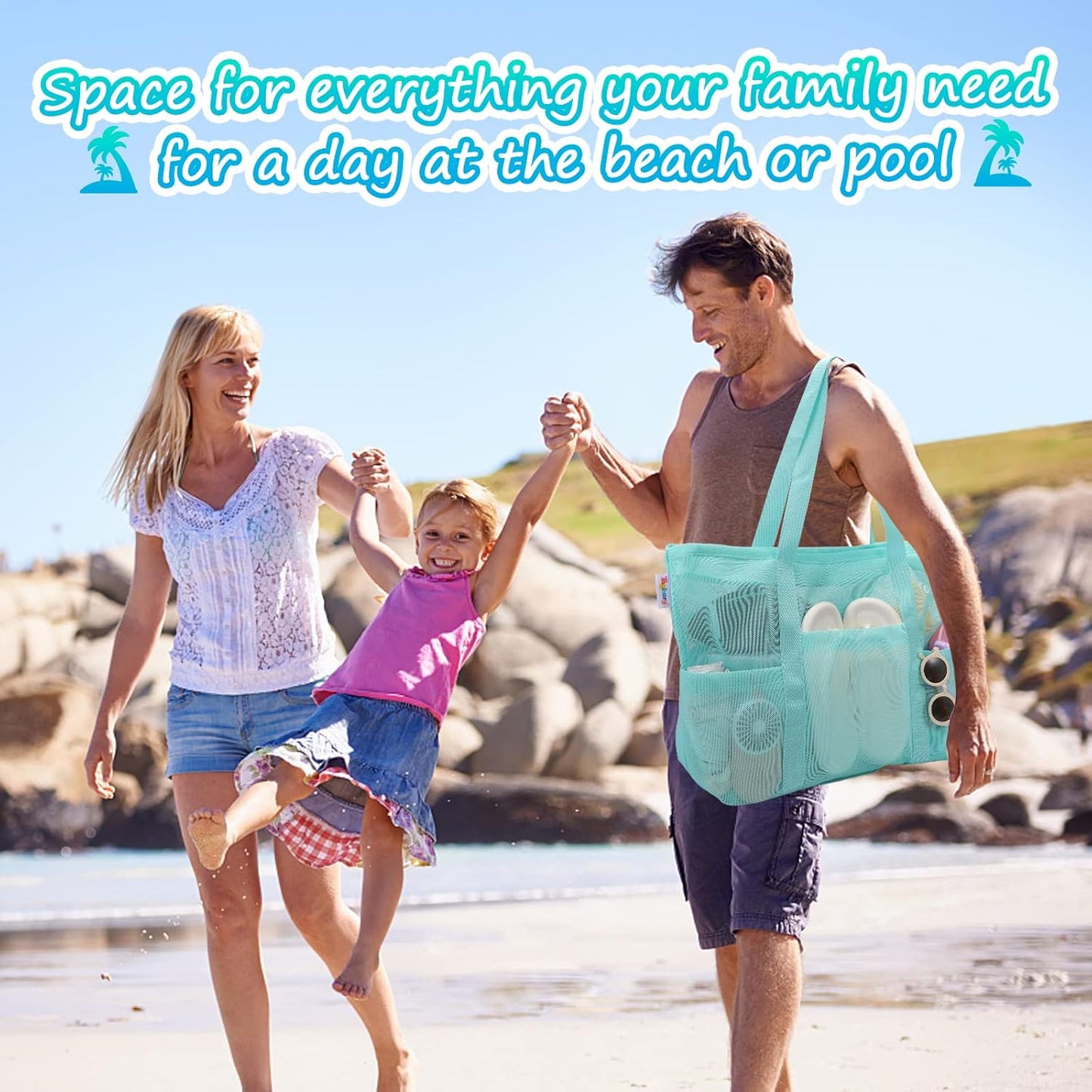 Tagitary Mesh Beach Bag with Zipper Large Beach Tote Waterproof Sandproof with 8 Pockets for Toys Pool Bag Beach Accessories