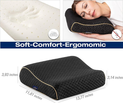 Travel & Camping Comfortable Memory Foam Pillow – Easy to Carry Portable Bag – Temperature Regulating Pillow Case (Black Contour + Extra Cover)