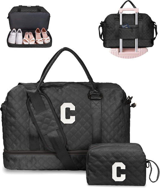 Birthday Gifts-for Women-Initial Duffle Bag with Shoe Compartment, Personalized Weekender Bag, Monogram Overnight Bag, Letter Travel Bag with Makeup Bag，Friend Wife Birthday Gift (Letter C)