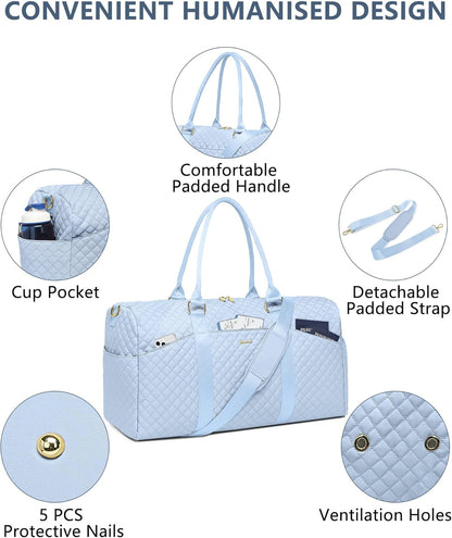 Women Duffle Weekender Travel Bag: Large Duffel Bags with Shoe Compartment Carry On Overnight Tote with Wet Pocket Traveling Weekend Gym Yoga Hospital Bag for Womens Light Blue