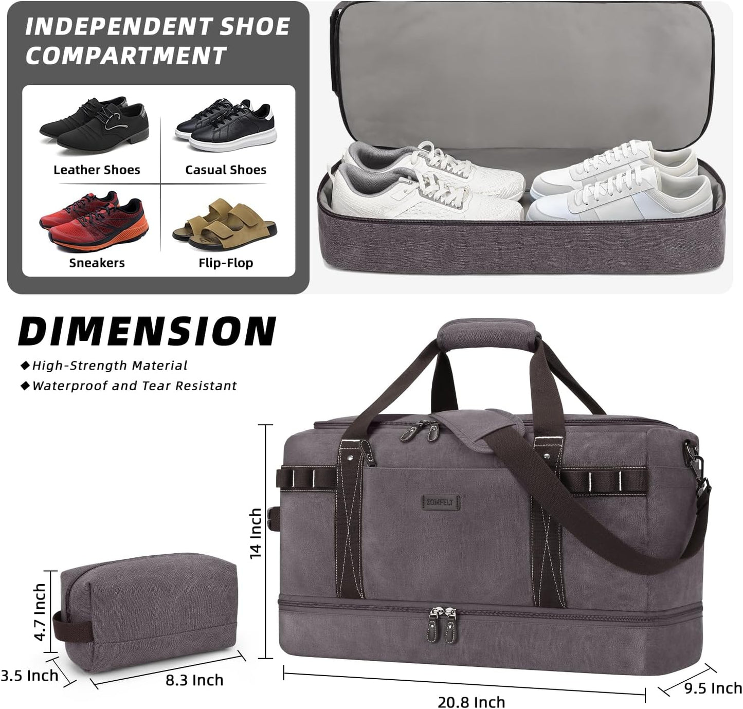 ZOMFELT Travel Duffle Bag for Men Women, Waterproof Canvas Overnight Duffel Bag with Removable Dividers & Shoe Compartment, Carry On Weekender Gym bag, Multi-Pocket & Vintage Design (Washed Grey)