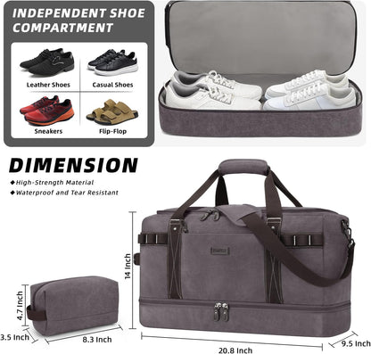 ZOMFELT Travel Duffle Bag for Men Women, Waterproof Canvas Overnight Duffel Bag with Removable Dividers & Shoe Compartment, Carry On Weekender Gym bag, Multi-Pocket & Vintage Design (Washed Grey)