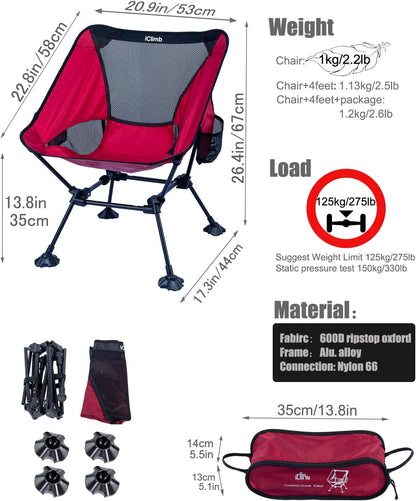 iClimb Ultralight Compact Camping Folding Beach Chair with Anti-Sinking Large Feet