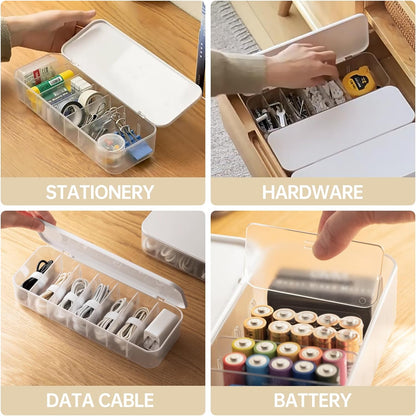 2 Pcs Cable Organizer Storage Box with 14 Wire Ties,Desktop Cable Management Box with Lid,Power Cord Organizer for Office,Home,Desk Accessories Storage Stationery Supplies White