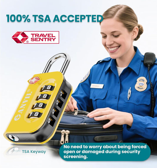 ANVIL TSA Approved Luggage Lock - 4 Digit Combination, 10,000 Combinations, Easy-Read Password Window, Travel Lock for Suitcases, Backpacks, Gym & Student Lockers, Baggage