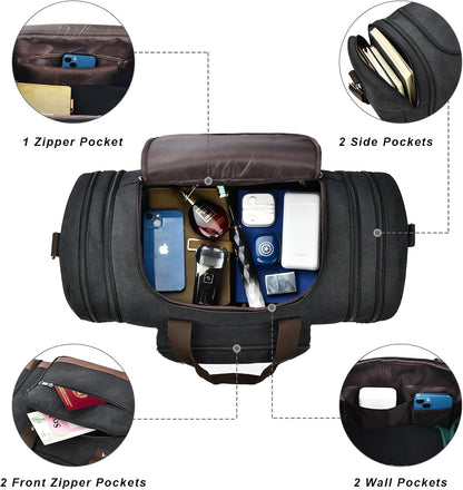 Litvyak Duffle Bag for Travel, 50L Canvas Travel Duffel Bags Overnight Weekend Gym Carry On Luggage Bag for Men & Women(Black+Toiletry Bag)
