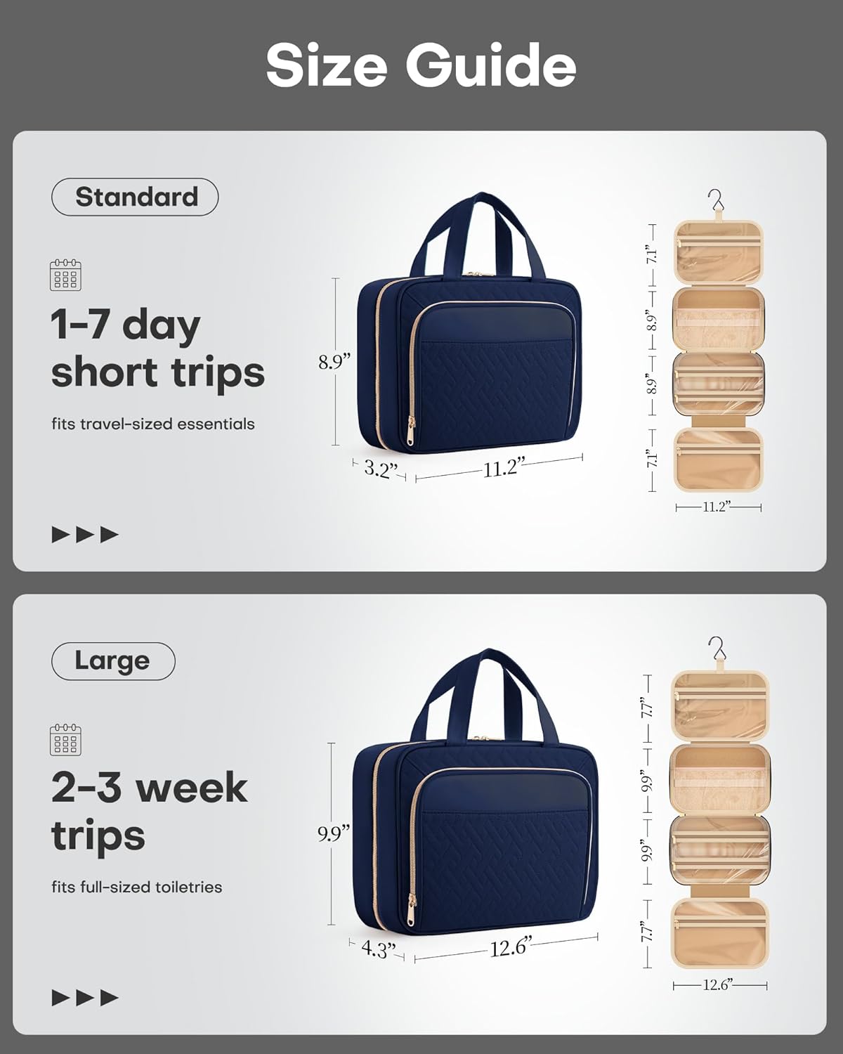 HOTOR Travel Toiletry Bag for Women & Men, Waterproof Makeup Bag with Hanging Hook and Multiple Pockets, Cosmetic Bags for Women, Travel Essentials, 11.2'' x 3.2'' x 8.9'', Dark Blue