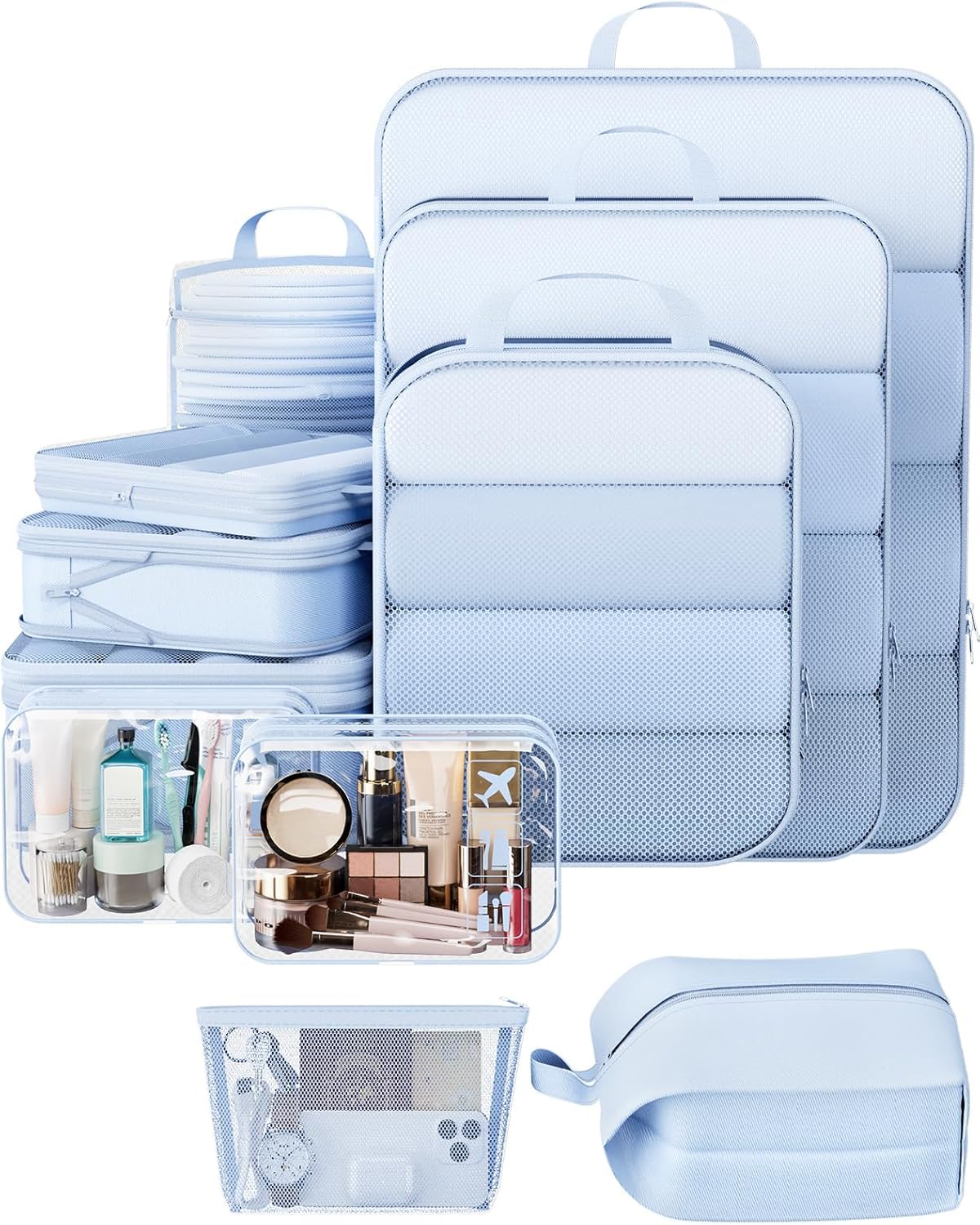 Veken 11 Set Compression Packing Cubes for Travel Essentials,Compressible Expandable Large Luggage Suitcase Organizer Bags for Clothing,Durable Space Saver Storage Bags with Toiletry Bags(Light Blue)