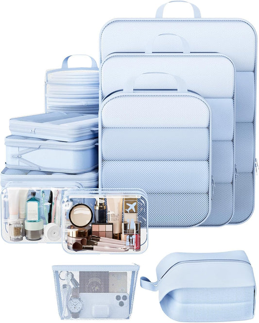 Veken 11 Set Compression Packing Cubes for Travel Essentials,Compressible Expandable Large Luggage Suitcase Organizer Bags for Clothing,Durable Space Saver Storage Bags with Toiletry Bags(Light Blue)