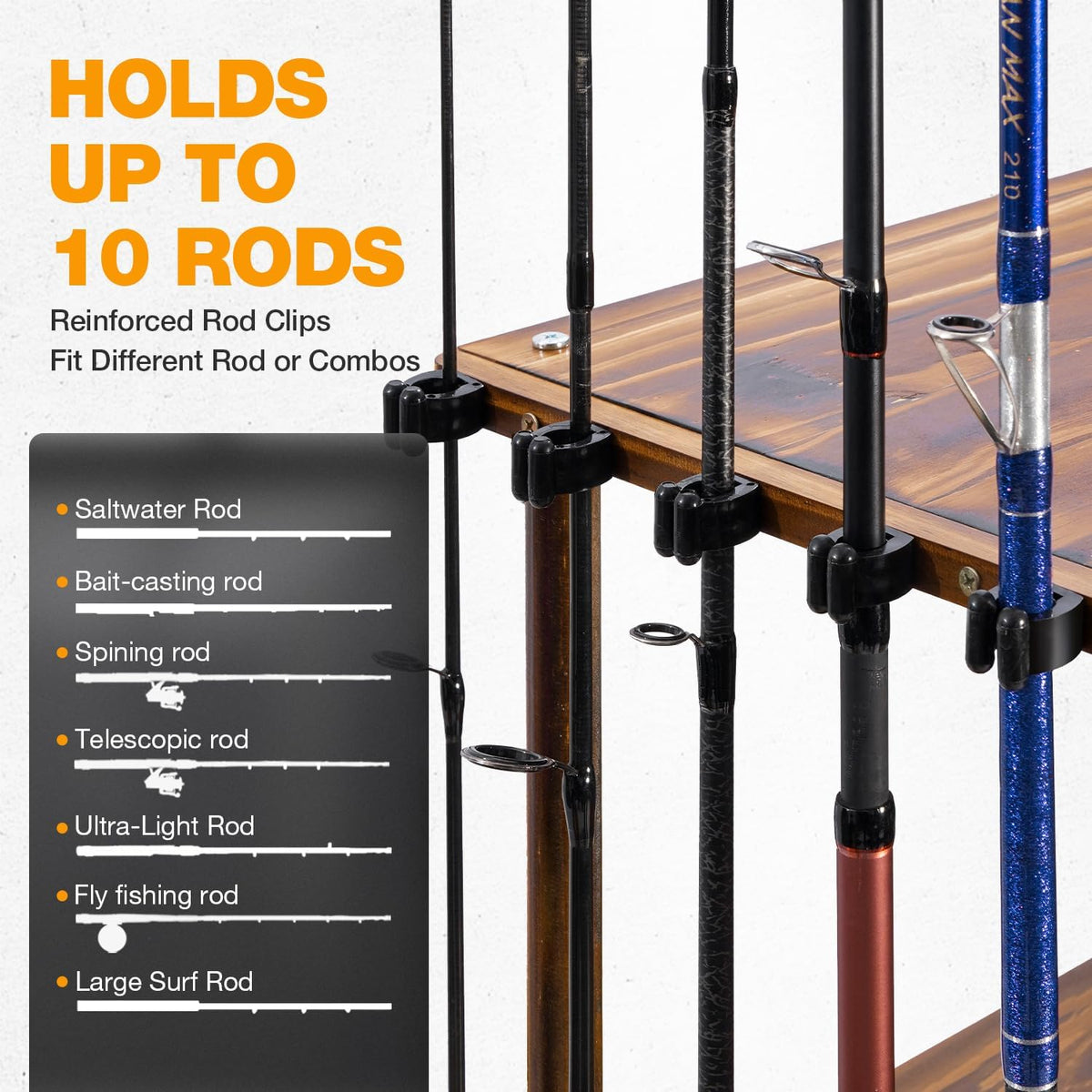 Ghosthorn Fishing Rod Holders for Garage Fishing Pole Rack Hold up to 10 Rods Fishing Pole Holders Wooden Organizer Fishing Rod Rack car Fishing Gear Storage Equipment (4 Tier)