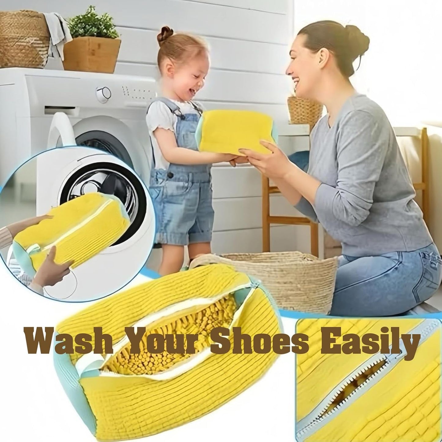 Shoe Washing Machine Bag 2PCS，Laundry Shoe Bag For Washer And Dryer，Reusable Shoe Cleaning Bag for All Shoe Types And Sizes，360°Wrap-around Shoe Washing Bag with One Shoe Brush(Yellow & Blue)