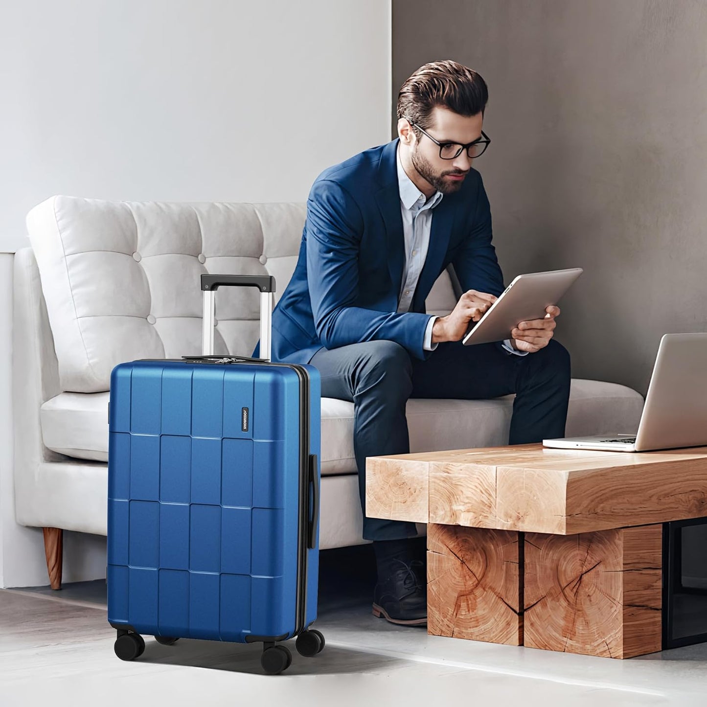 SHOWKOO Luggage Sets 3 Piece Hardside Expandable Lightweight PC Suitcase Sets with Double Spinner Wheels TSA Lock, Sea Blue