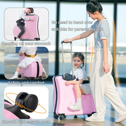 Ride on Hard Shell Kids Luggage with 4 Spinner Wheels for Girls and Boys, Rolling Childrens Travel Suitcase with Seat and Safety Belt for Toddler Ages 6-12, Checked size 25 Inch, Pink