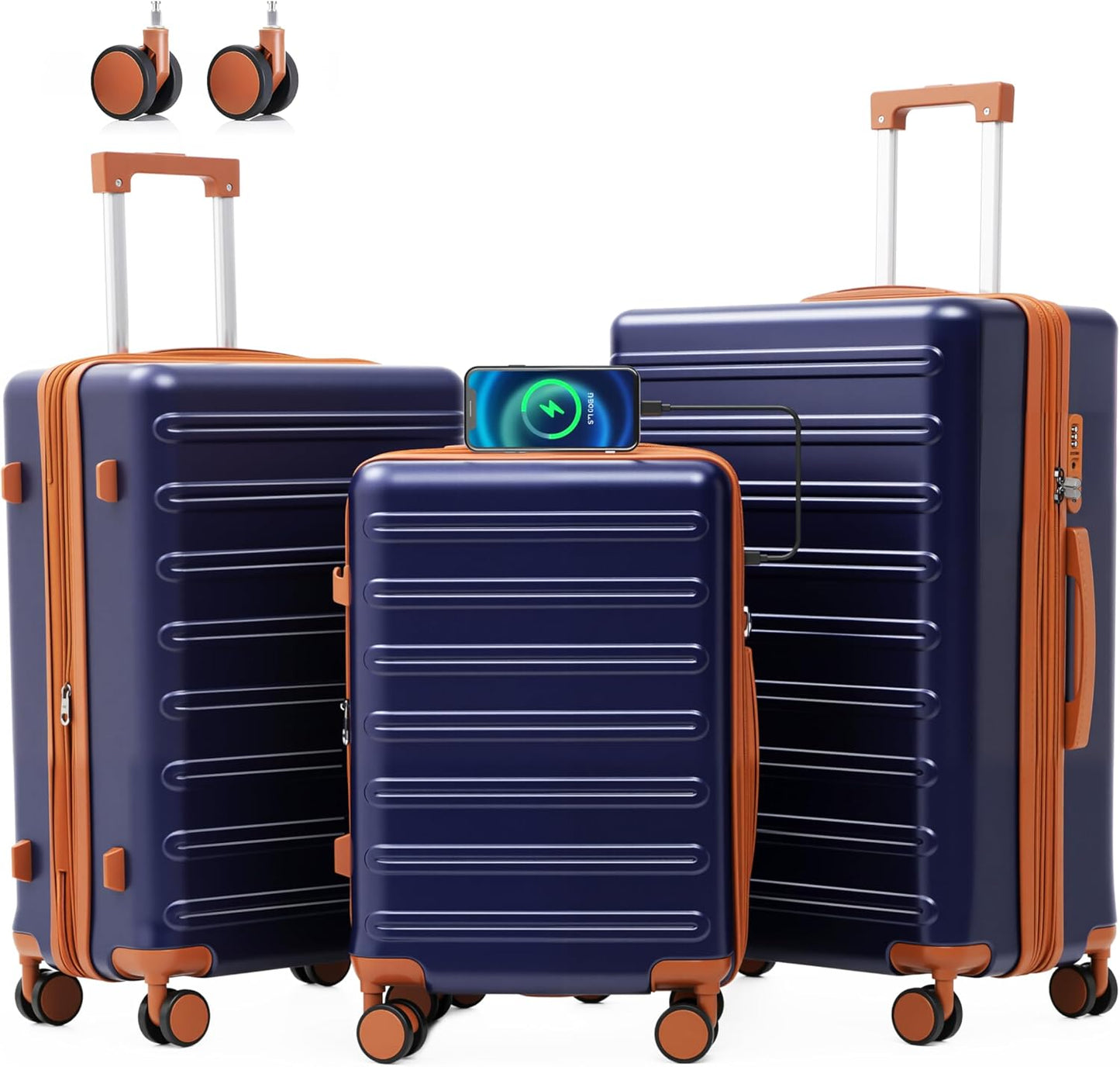 luggage sets 3 Piece with Spinner Wheel,100% PC Material Lightweight Durable,Expandable Carry On Travel Hardside Suitcase sets with TSA Lock for Men and Women (Blue+brown)