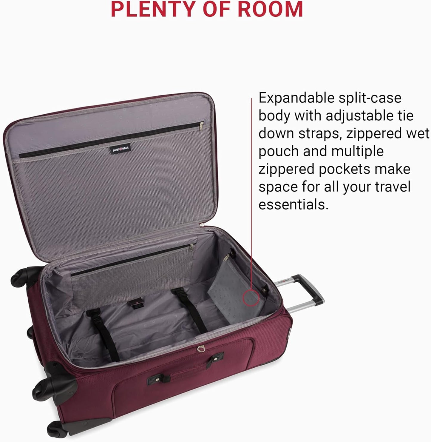 SwissGear Sion Softside Expandable Luggage – Large Checked Suitcase with 360 Degree Wheels & Retractable Handle – 29 Inch, Perfect for 7-9 Night Trips – Merlot