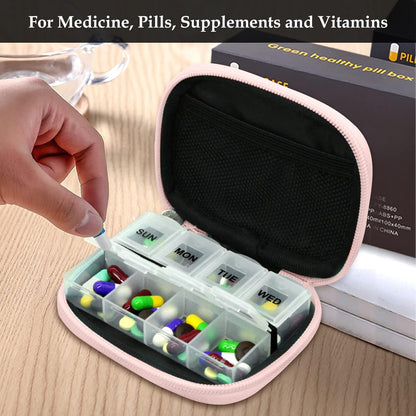 Serfeymi Weekly Travel Pill Organizer Pill Case for Purse with Removable 7 Day Pill Box, Fashionable Travel Medicine Organizer Pill Container for Medicine, Vitamin, Supplement - Pink 01