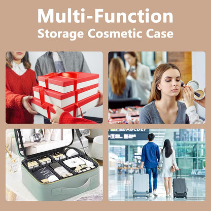 Travel Makeup Bag for Makeup Artists Large Makeup Case,with Mirror 3 Color Setting and Detachable 10x Magnifying Mirror Travel Makeup Bag,Portable Storage and Adjustable Dividers（khaki）