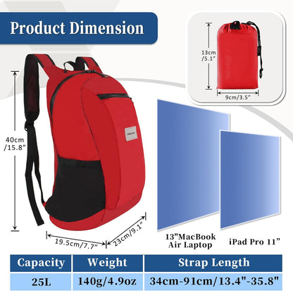 Hiking Daypack - Lightweight & Water-Resistant Portable Backpack for Travel, Camping, Outdoor Adventures(25L, red)