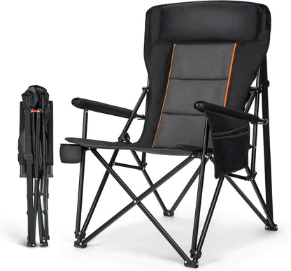 HIGH POINT SPORTS Oversized Folding Camping Chairs for Adults, High Backrest Heavy Duty Lawn Chairs Support 500 LBS Portable Collapsible Camp Chairs with Cup Holders,Side Pocket, Black