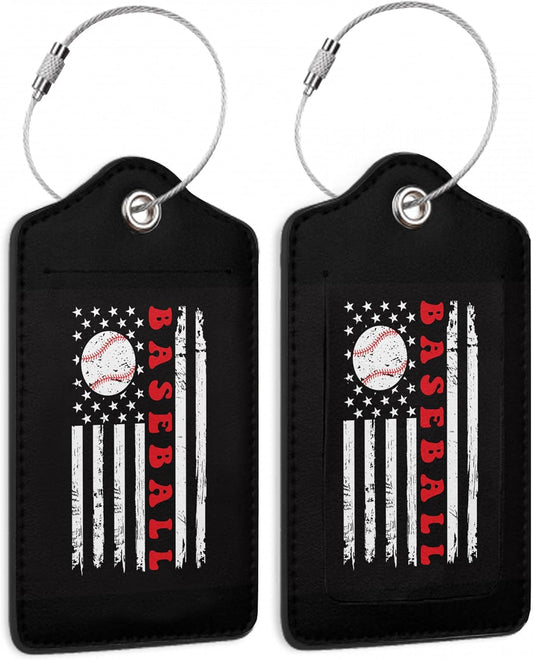 2 Pack Leather Luggage Tag for Suitcase Vintage Baseball American Flag Unique Travel Tags with Privacy Cover ID Label & Stainless Steel Loop for Men and Women Baggage