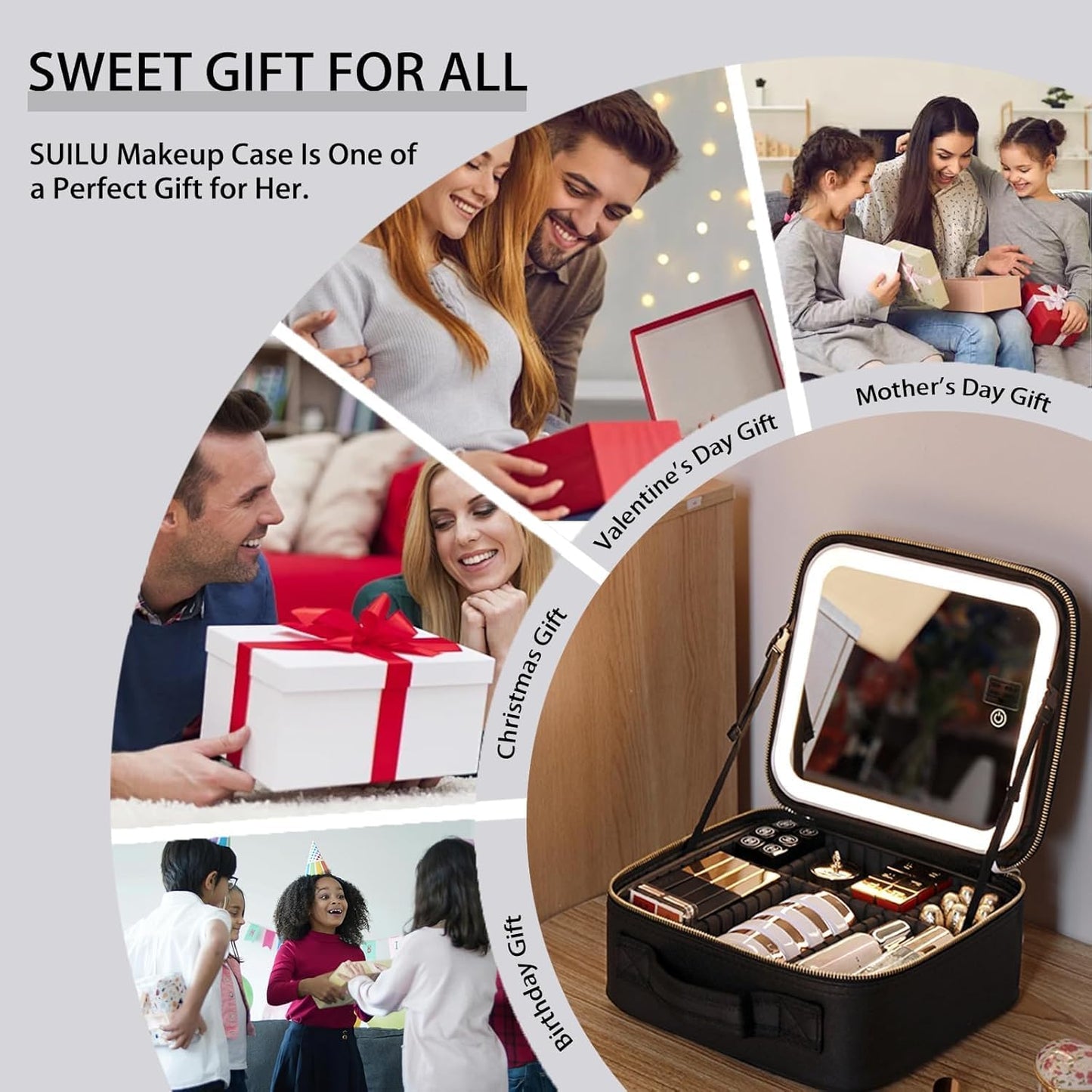 Makeup Bag with Led Mirror,Travel Makeup Organizer with 3 Color Setting & Jewelry storage box, Portable Storage and Adjustable Dividers Travel Makeup Bag(Black)