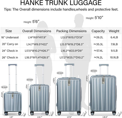 Hanke 20 Inch Carry On Suitcase PC Hardshell Luggage Top Open Aluminum Frame Rolling Suitcases with Wheels Travel Luggage for Woman Men Gifts.(Grey)