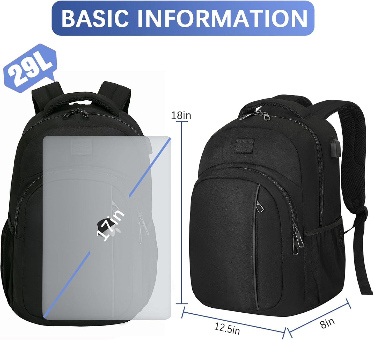 LARIPOP Travel Laptop Backpack,15.6 Inch Business Laptop backpack for Men Women with USB Charging Port,Water-Resistant Laptopack Weekender Daypack for Work College Computer