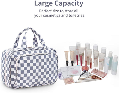 Narwey Travel Toiletry Bag for Women Large Hanging Makeup Bag Organizer Toiletries Bag for Full Size Essentials Accessories Cosmetics (Grayish Blue Checkerboard (Large))