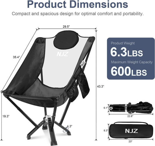 High Back Camping Chair,Outdoor Comfortable Chair for 600 LBS Capacity Oversized Camping Chair with Comfortable Backrest & Headrest, Quick Setup - Compact Folding Chair(Black)