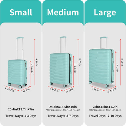 Lightweight Luggage with Spinner Wheels & YKK Zipper, 3-Piece Suitcase ABS+PC Hardside Hard Shell Luggage Set with TSA Lock, Light Mint Green (20+24+28 inch)