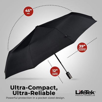 LifeTek Premium Travel Umbrella - Windproof & Compact for Men & Women, Automatic Open Close, Fits in Purse Laptop Bag or Backpack, Strong Frame for Heavy Rain & Sun UV Protection