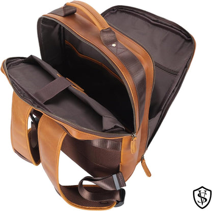 STAR VISTA Angelo 17.3" Vintage Full Grain Leather Laptop Backpack for Men, Multi Pockets, Casual Outdoor Business Travel Rucksack, YKK Zippers, Light Brown