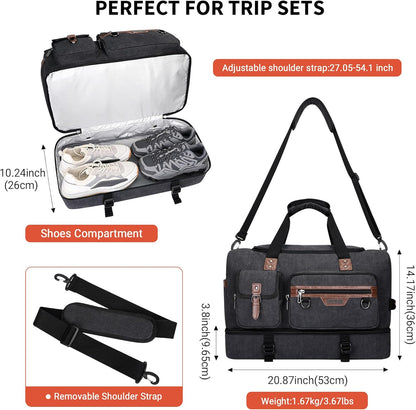 WITZMAN Canvas Weekender Bag Mens Overnight Bag for Traveling Carry on Duffle Bags with Shoes Compartment（A8010 Black）