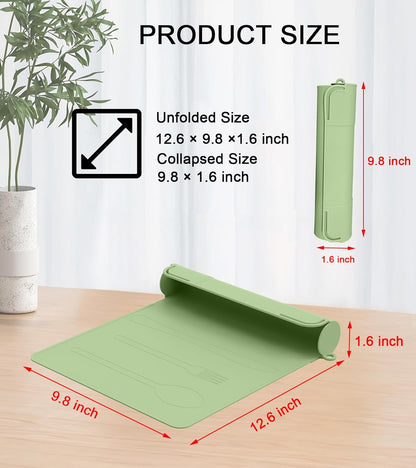Utensil Box, Tableware Silicone Portable Box Silverware mat, Suitable for Kitchen Utensils, Portable Outdoor Camping Spoon Fork Utensils Storage mat (Green)