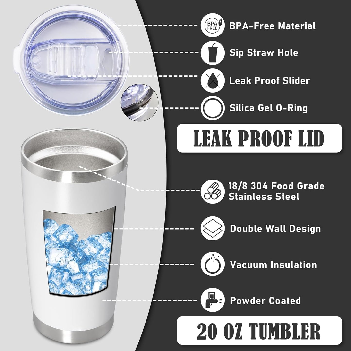 20 oz Tumbler Coffee Tavel Tumblers Bulk with Lid Stainless Steel Double Wall Vacuum Insulated Mug Powder Coated Cups fit Car Cupholder for Hot and Cold - White, 8Pack