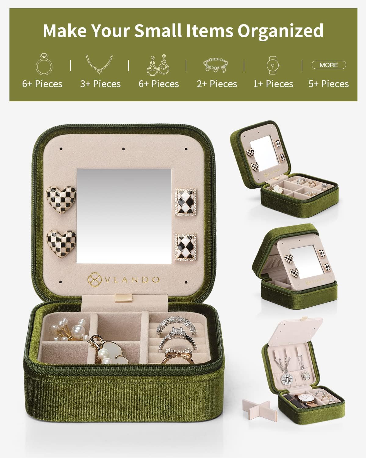 Vlando Plush Velvet Travel Jewelry Case, Personalized Initial Jewelry Boxes for Women Girls, Mini Jewelry Travel Organizer Travel Essentials for Birthday Gifts - Letter J, Green