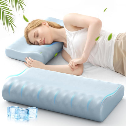Cervical Neck Pillow for Sleeping - Memory Foam Pillows, Orthopedic Pillow for Neck and Shoulder Pain, Adjustable Cooling Contour Pillow (Misty Blue, Queen)