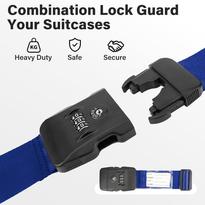 Luggage Straps, Blue TSA Approved Luggage Strap Belt with Combination Lock for Suitcases, 2 Pack Adjustable Heavy Duty Cross Suitcase Straps with Name Tags for Travel, Carry On Bags, Protect Luggage