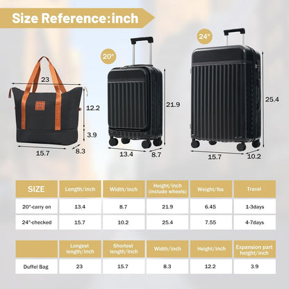 Merax Luggage Sets Front Opening, 2 Piece Hardshell Suitcase with Spinner Wheels and Bags,Lightweight Carry on Luggage with USB Port,20+24,Black