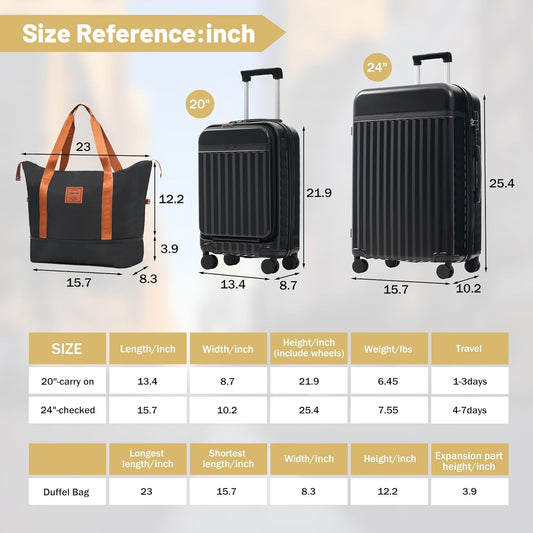 Merax Luggage Sets Front Opening, 2 Piece Hardshell Suitcase with Spinner Wheels and Bags,Lightweight Carry on Luggage with USB Port,20+24,Black