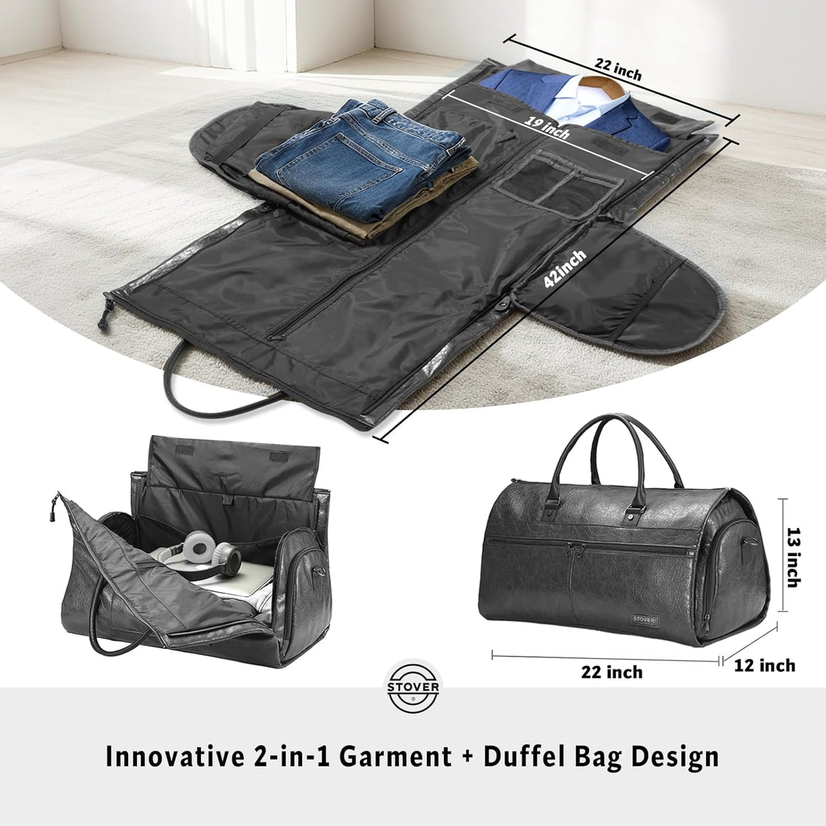 STOVER Garment Travel Duffle Bag, Large 2-in-1 Convertible Carry-on Luggage for Men & Women- Hanging Suits, Dresses & Clothes + Shoe Compartment- Weekender Tote Combo Duffel (Black Leatherette)
