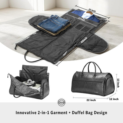STOVER Garment Travel Duffle Bag, Large 2-in-1 Convertible Carry-on Luggage for Men & Women- Hanging Suits, Dresses & Clothes + Shoe Compartment- Weekender Tote Combo Duffel (Black Leatherette)